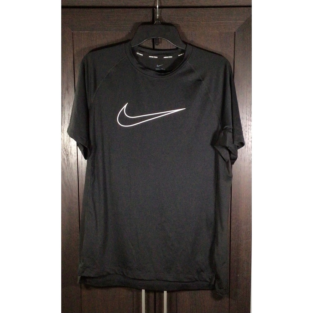 Nike Pro Dri-FIT Mens Slim Fit Training Shirt Black White Swoosh Large Sport
